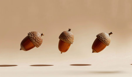 Three floating acorns against a soft beige background, showcasing their smooth texture and unique shapesの素材