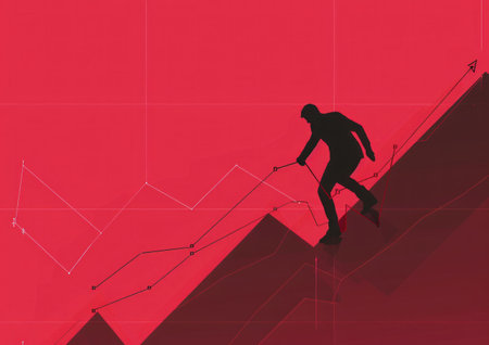 Silhouette of a climber ascending a graph representing progress against a vibrant red backgroundの素材
