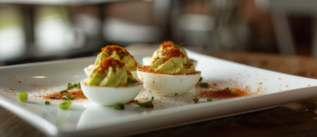 Delicious stuffed eggs served on a white plate with green garnishes and a sprinkle of paprikaの素材