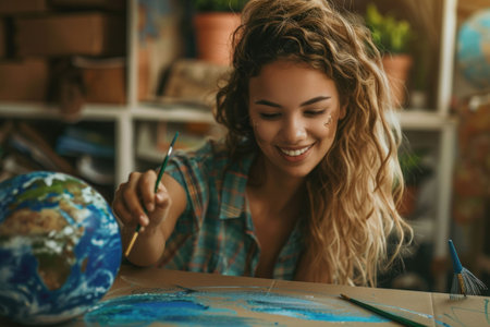 Young woman painting a globe with a paintbrush in a creative workspace, surrounded by art supplies and natural lightの素材