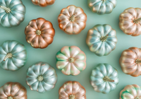 Colorful decorative pumpkins on a pastel blue background, creating a whimsical autumn vibeの素材