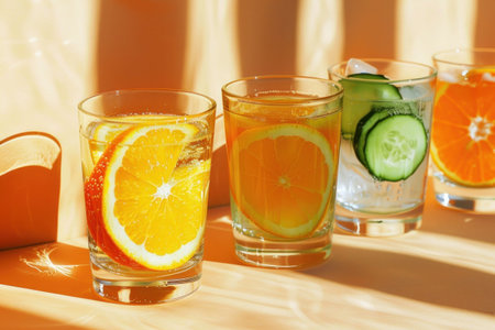 Refreshing summer drinks with orange and cucumber slices in clear glasses on a warm, sunny backgroundの素材