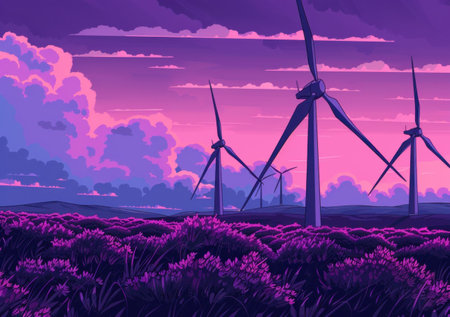 Vibrant wind turbines surrounded by purple flowers at sunsetの素材