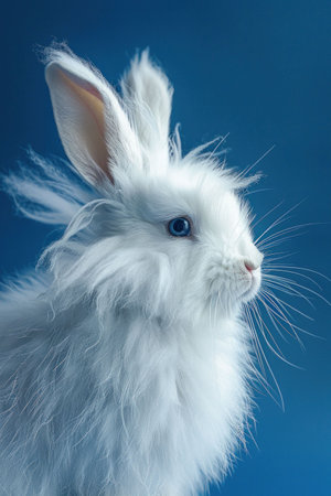 Fluffy white rabbit with blue eyes against a soft blue background showcasing its cute features and whimsical furの素材