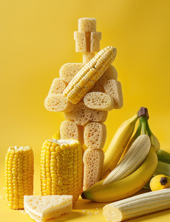 Creative arrangement of sponge shapes resembling a figure holding corn surrounded by bananas on a bright yellow backgroundの素材