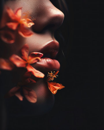 Close up of a woman s face adorned with delicate orange flowers against a dark background, emphasizing beauty and natureの素材