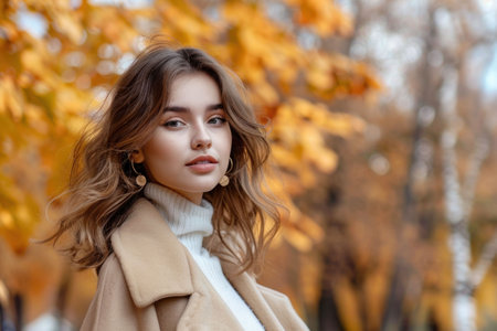 Young woman in a stylish coat with autumn leaves in the background, wearing earrings and a cozy sweaterの素材