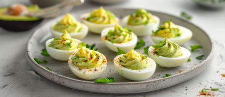 Delicious deviled eggs with avocado filling garnished with spices on a rustic plateの素材