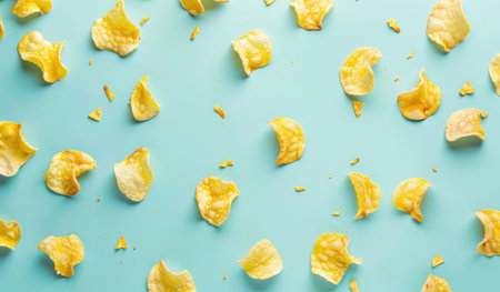 Crispy potato chips scattered on a pale blue background, creating a whimsical and playful atmosphere with a focus on texture and colorの素材
