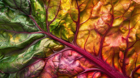 Close up of vibrant Swiss chard leaf showcasing intricate textures and rich colors in green, red, and orange huesの素材