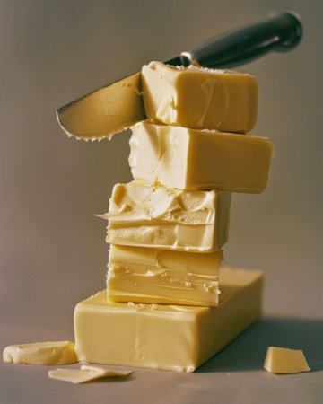 Stack of butter blocks with a knife on top, showcasing smooth texture and creamy color against a soft, neutral backgroundの素材