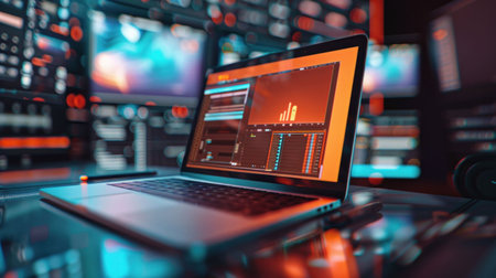 Modern laptop displaying data analytics on a vibrant multi screen backgroundの素材