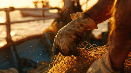 Hands of a fisherman handling a net at sunset on a fishing boat, with the golden light reflecting off the waterの素材