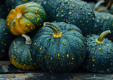 Close up of textured pumpkins with raindrops on a wooden background, featuring green and yellow hues, showcasing seasonal harvest aestheticsの素材