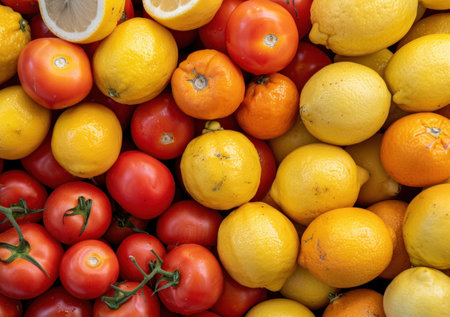 Assorted citrus fruits and tomatoes arranged in a colorful pattern on a flat surfaceの素材