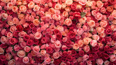 A vibrant wall of roses in various shades of pink and red, creating a romantic and festive atmosphereの素材