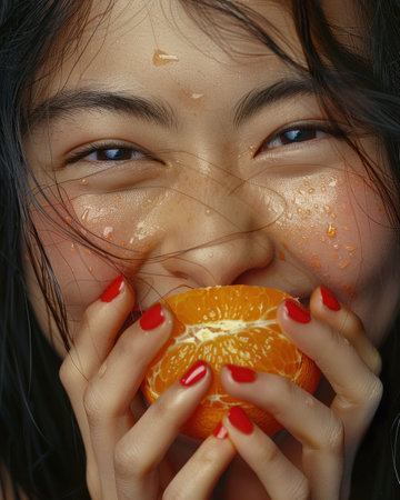 A joyful young woman holding a fresh orange slice, smiling brightly with juice on her face, against a softly blurred backgroundの素材