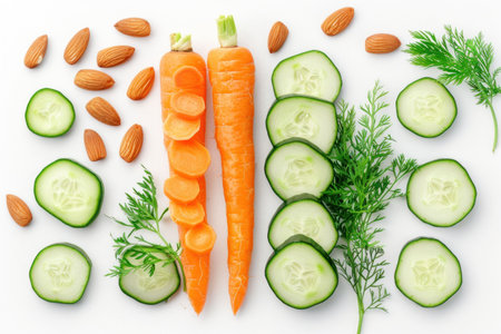 Fresh vegetables and nuts arranged artistically on a white backgroundの素材