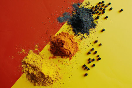 Colorful spices arranged on a vibrant background in red and yellow hues, showcasing vibrant yellow, orange, and black powders with peppercornsの素材