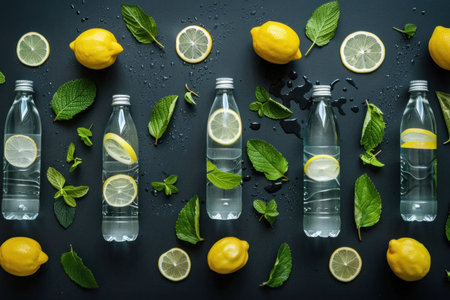 Fresh lemon and mint water bottles displayed on a dark background, garnished with lemon slices and mint leavesの素材