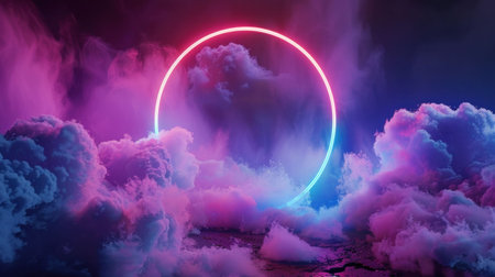 A vibrant glowing circle amidst colorful clouds and mist, creating a surreal and dreamlike atmosphere The background features a blend of purple and pink huesの素材
