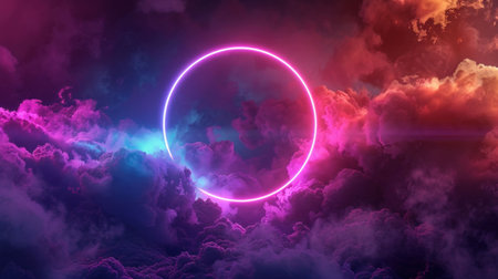 Abstract neon circle surrounded by vibrant clouds in cosmic colors, creating a futuristic atmosphereの素材