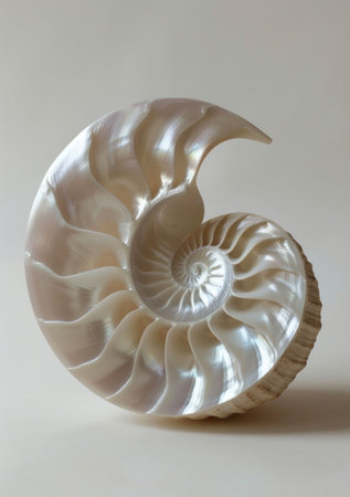 Elegant nautilus shell sculpture on a soft beige background showcasing its intricate spiral design and iridescent textureの素材