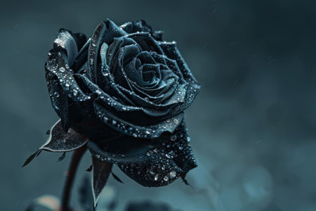 Dark rose with water droplets on petals against a soft blurred background in shades of blueの素材