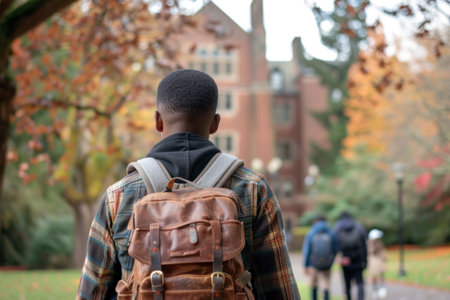 A person with a backpack walking towards a university campus surrounded by autumn foliageの素材