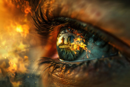Dramatic reflection in a human eye showcasing a fiery cityscape, symbolizing emotion and chaosの素材