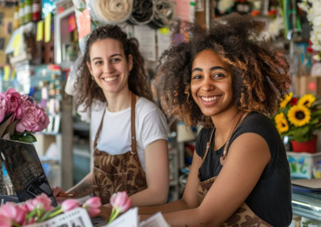 Two smiling women in an flower shop, one working on a laptop, surrounded by colorful flowers and vibrant decorの素材