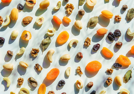 Assorted dried fruits and nuts arranged on a light background, showcasing a vibrant mix of textures and colorsの素材