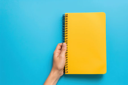 Yellow spiral notebook held by a hand on a vivid blue backgroundの素材