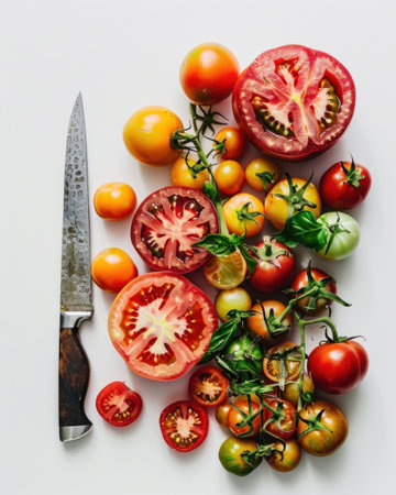 Freshly cut tomatoes and knife on a light background, showcasing a variety of colors and sizesの素材