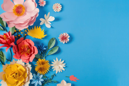 Beautiful arrangement of colorful paper flowers on a bright blue backgroundの素材