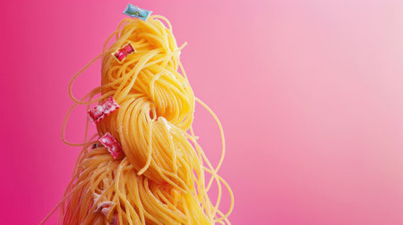 Creative arrangement of spaghetti noodles styled into a whimsical, towering shape against a pink gradient backgroundの素材