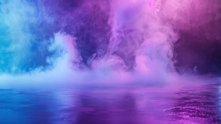 Colorful smoke abstract background with purple and blue hues reflecting on water surfaceの素材