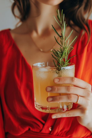 Woman holding a cocktail garnished with rosemary, wearing a vibrant red blouseの素材