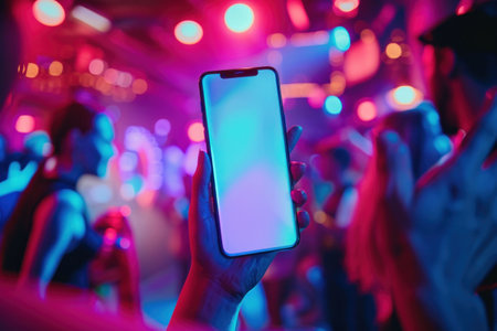 Smartphone held up in a lively night club with vibrant colorful lights and blurred people in the backgroundの素材