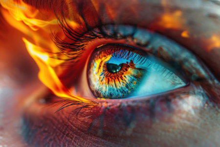 Close up of an eye with intense flames reflecting in it, showcasing vivid colors and textures against a dark backgroundの素材