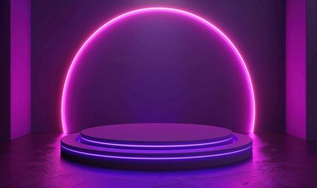 A modern stage set with a glowing purple circular backdrop and a round platform in a dimly lit environmentの素材