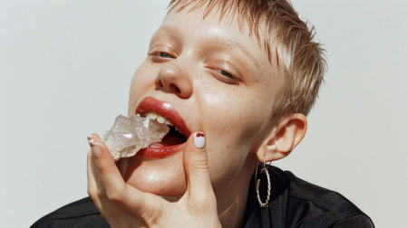 Young woman with short hair biting an ice cube against a light neutral backgroundの素材