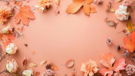 Autumn composition with colorful leaves and flowers on a soft peach backgroundの素材