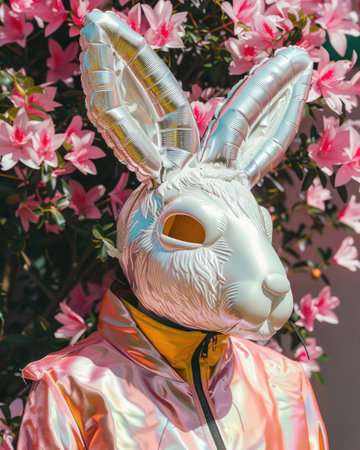 A person wearing a shiny rabbit mask stands amidst vibrant pink flowers The mask is glossy and surreal, creating a whimsical atmosphereの素材