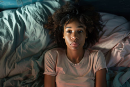 A young woman lying on a bed, looking contemplative with tousled hair on wrinkled sheets Soft lighting creates a serene atmosphereの素材