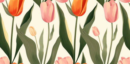 Vibrant tulip pattern with colorful flowers on a soft cream backgroundの素材