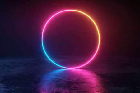 Neon circular light glowing against a dark background with reflections on a wet surfaceの素材