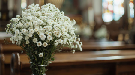 Bouquet of white flowers in a church setting, surrounded by wooden pews and stained glass windowsの素材
