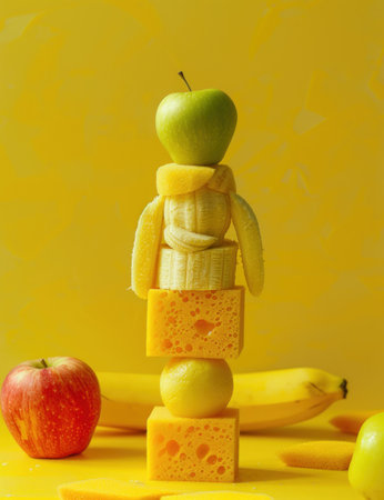 Creative fruit sculpture of stacked bananas, cheese and green apple on a bright yellow backgroundの素材