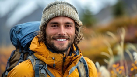 Happy male hiker in a warm yellow jacket smiling outdoors with mountains in the backgroundの素材